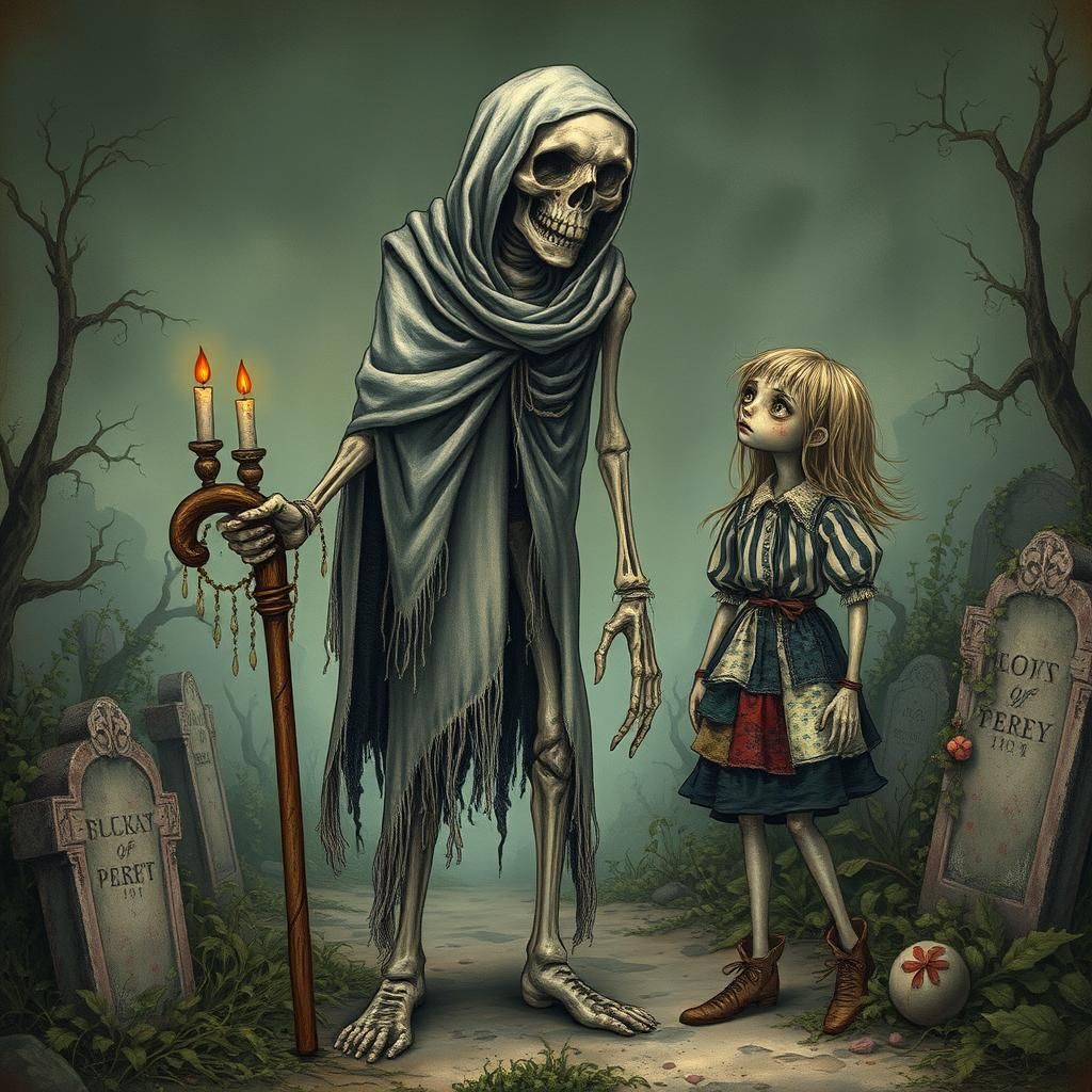 Surreal Skeletal Figure in Dreamlike Landscape