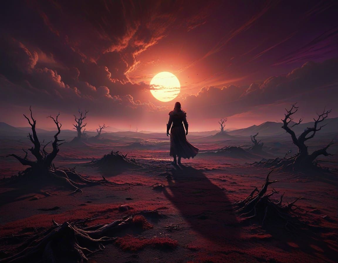 Dark Fantasy Concept Art: Lone Figure at Eerie Sunrise