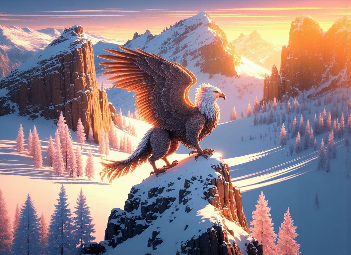 Griffin Perched Atop Snowy Mountain Peak