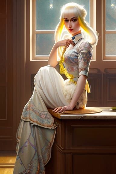 A pretty blonde lady in Victorian Dress sits on a desk by a ...