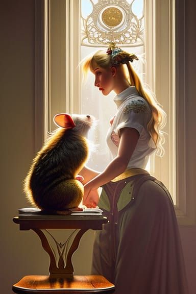A blonde young lady who owns the biggest, cutest furry mouse...