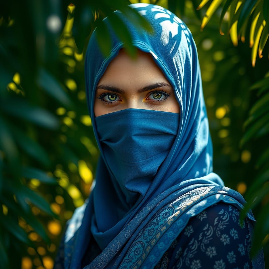Beautiful Woman in Blue Hijab with Mask, Concept Art