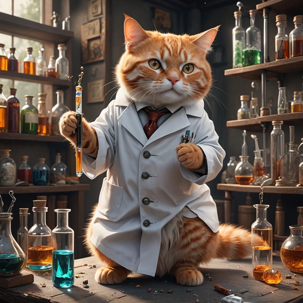 Orange Cat Scientist in Lab Coat Concept Art