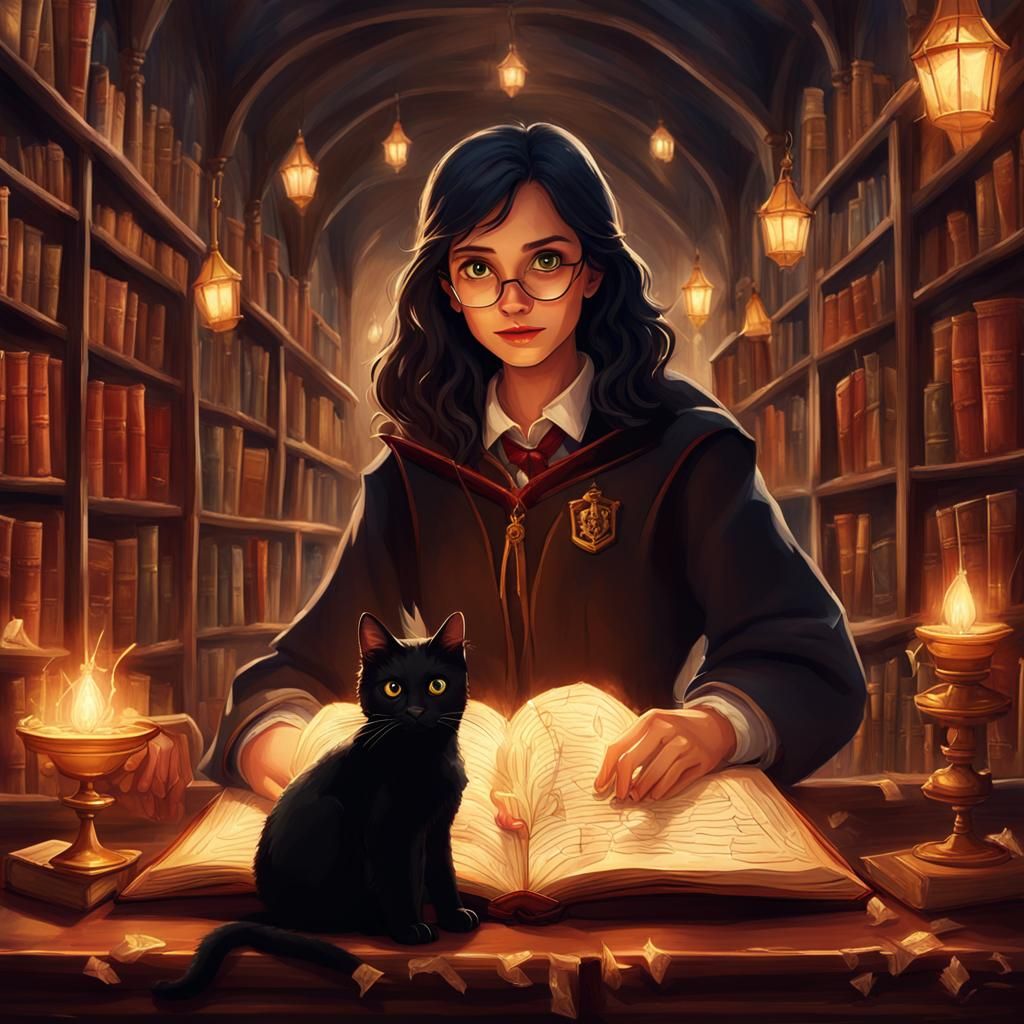Hogwarts Witch Casting Spell in Gryffindor Library