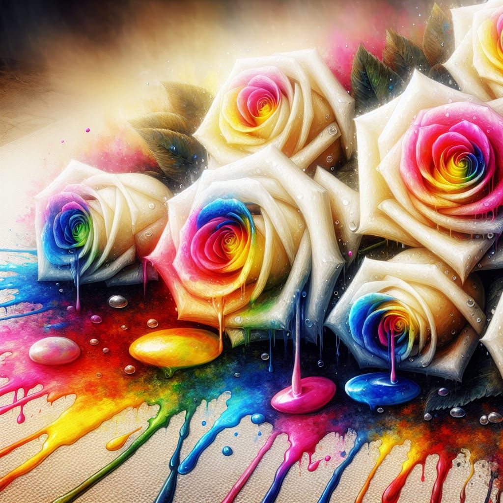 Rainbow Rain Painting White Roses in HDR