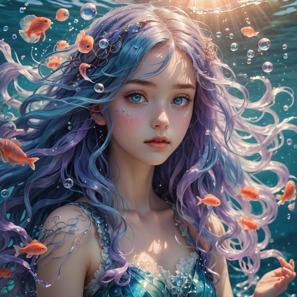 Anime-Style Ocean Portrait in Art Nouveau Style