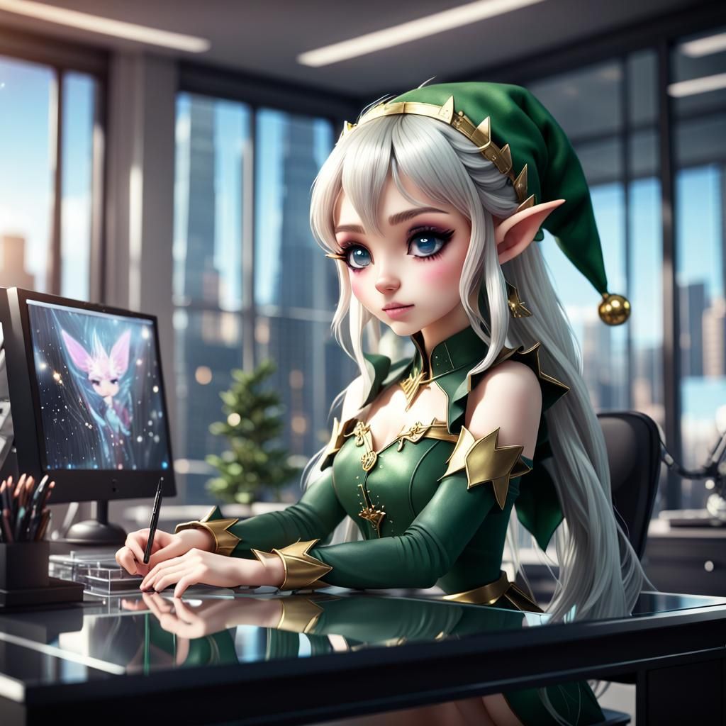 Glamorous Elf Office Lady in Elfpunk Anime Style