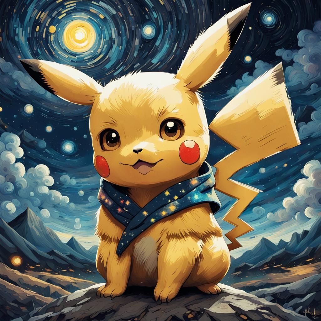 Adorable Chibi Pikachu in Starry Night Illustration