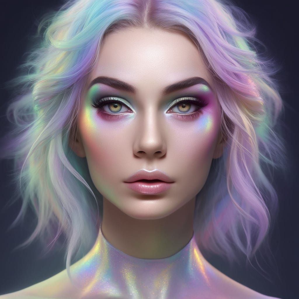 Dreamy Portrait of a Woman with Iridescent Pastel Rainbow Ha...