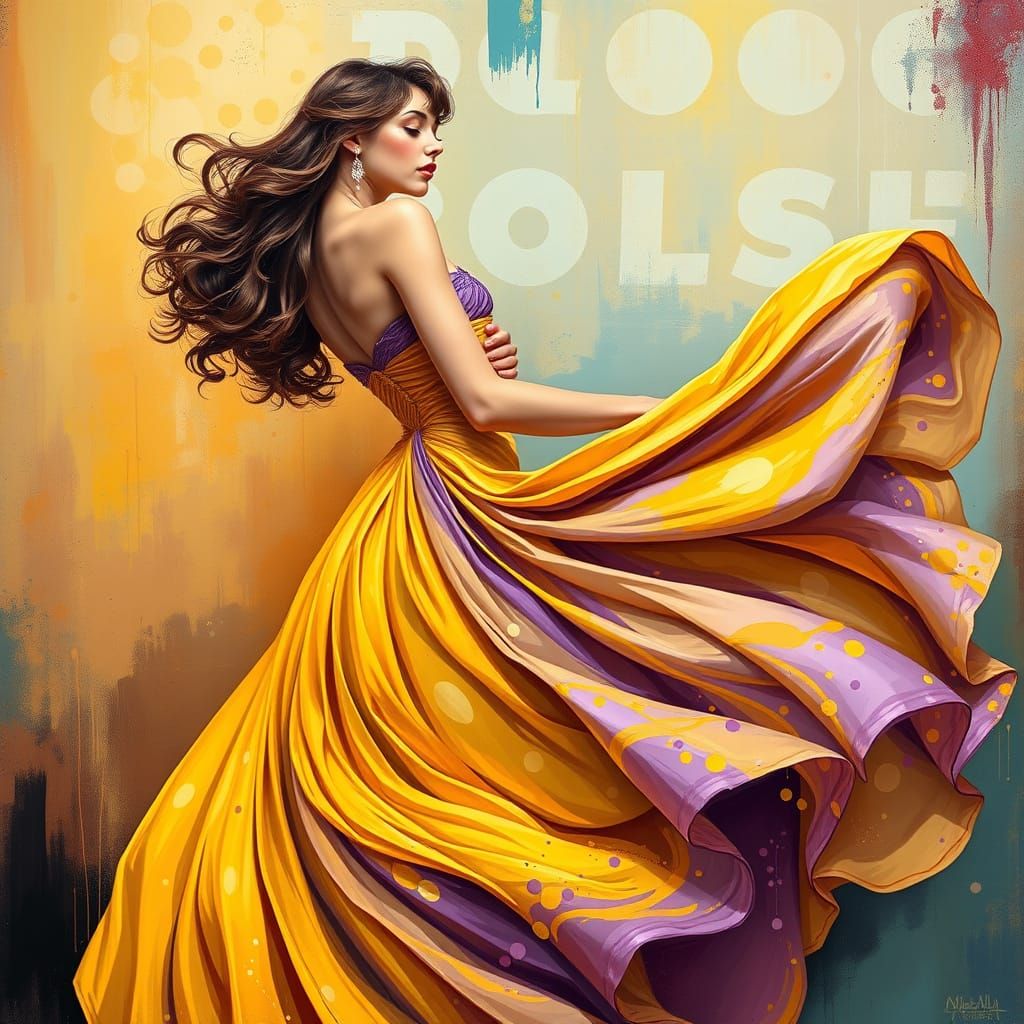 Elegant Lady in Flowing Dress: Art Nouveau and Digital Fusio...