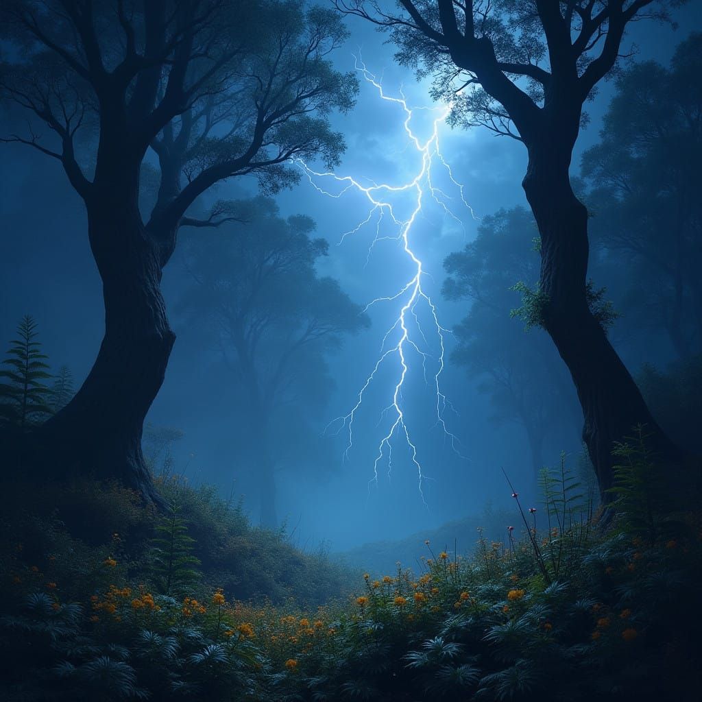 Ethereal Night Sky Illuminates Mystical Forest in Cyberpunk...