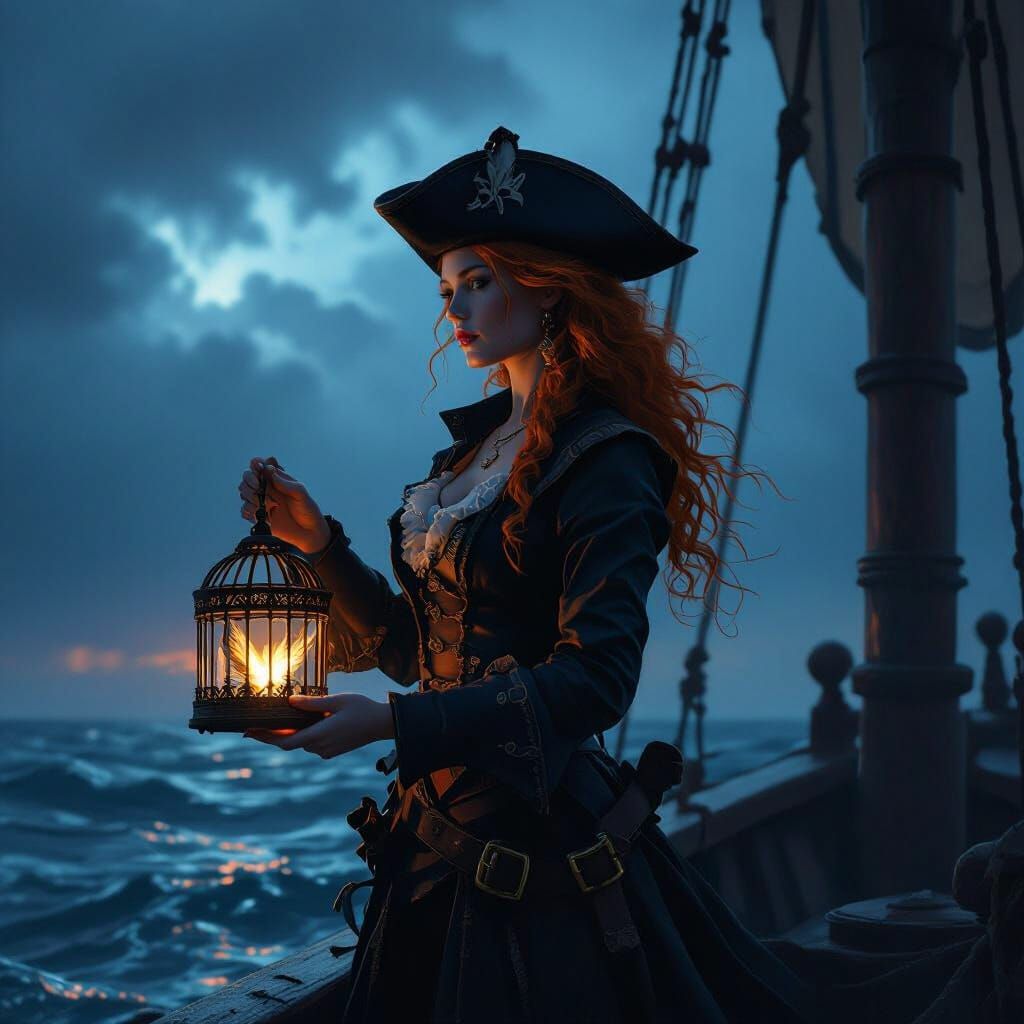 Ginger Pirate Captain with Luminous Birdcage