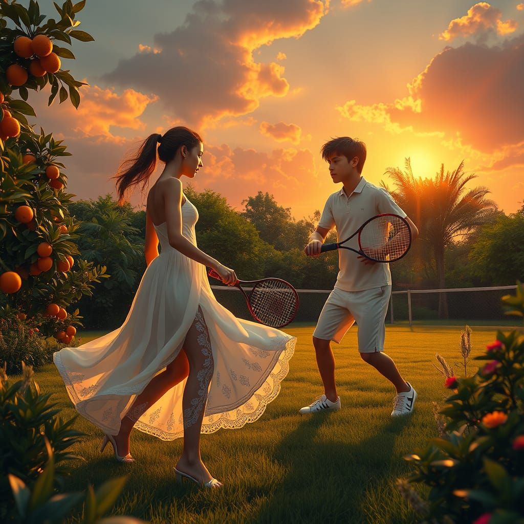 Ethereal Tennis in Vibrant Orange Garden Fantasy