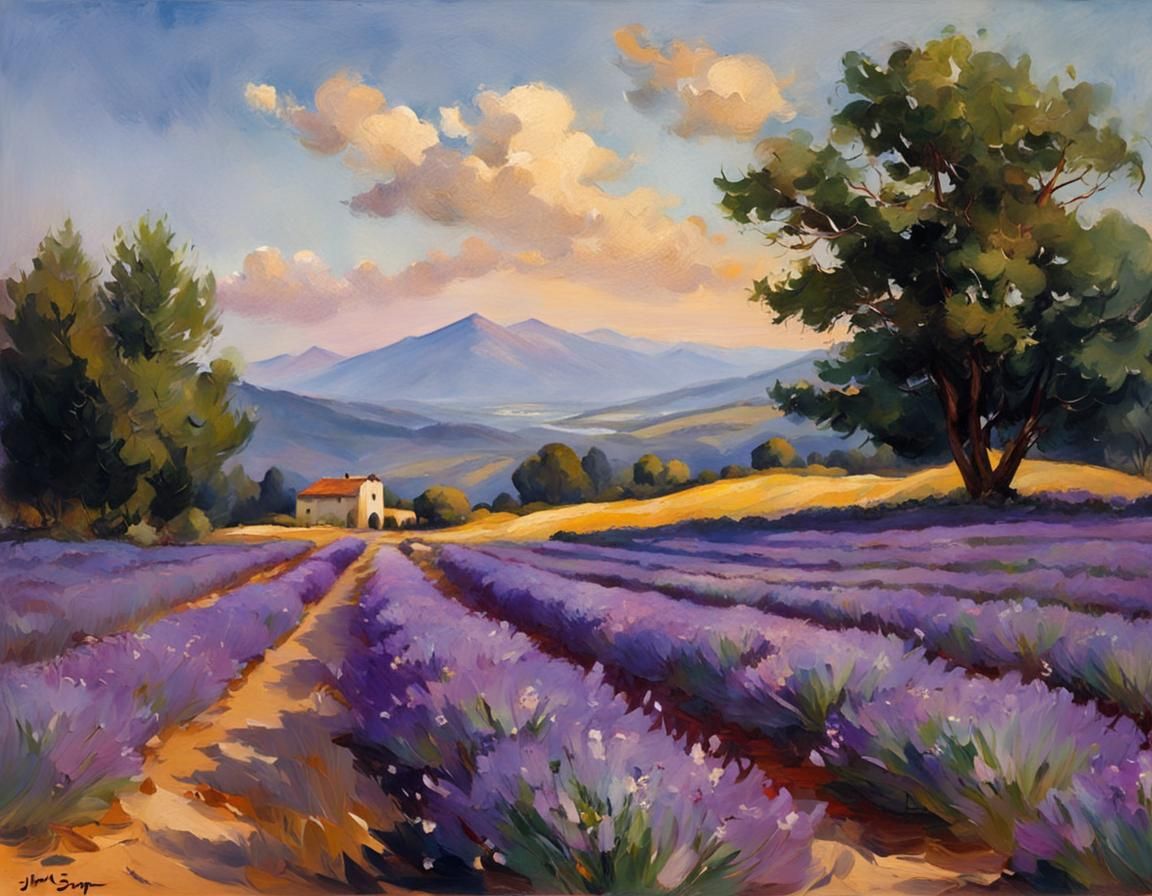 Lavender Field in Impressionistic Oil Painting Style