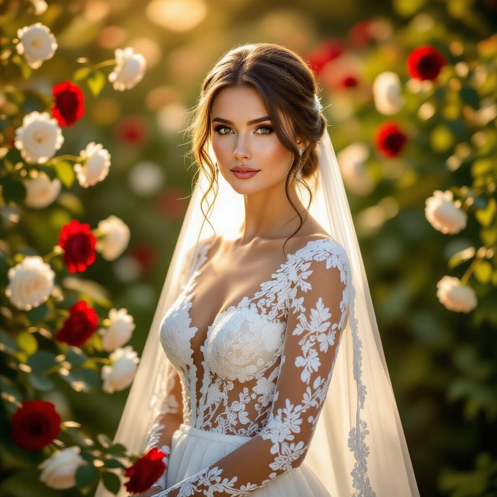 A beautiful bride in lace stands as still as breath, bathed ...