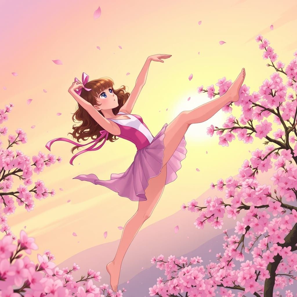 Anime Girl Soars in Cherry Blossom Wonderland