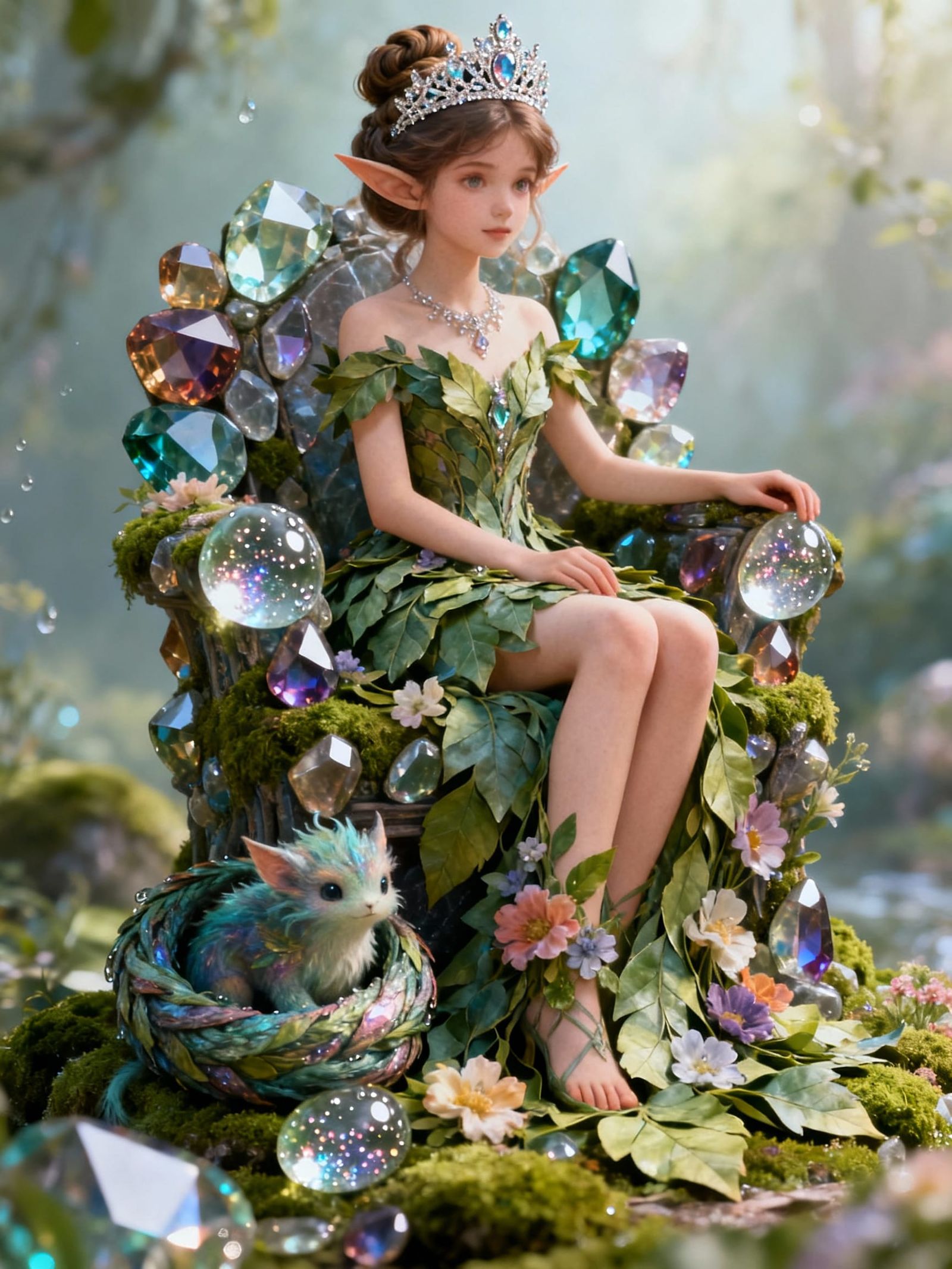 Elegant Elf Princess on Gemstone Throne in Ethereal Light