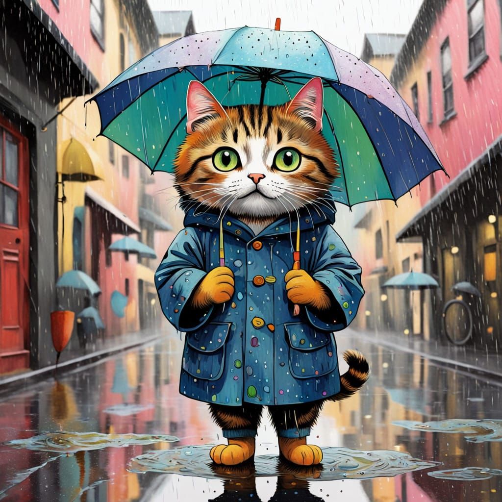Whimsical Cat on a Rainy Day in Vibrant Colors