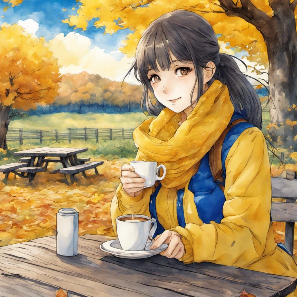 Girl Drinking Coffee in Autumnal Manga Style