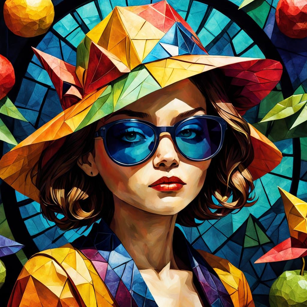 Vibrant Women Portraits With Fruit Hats In Stained Glass Sty...