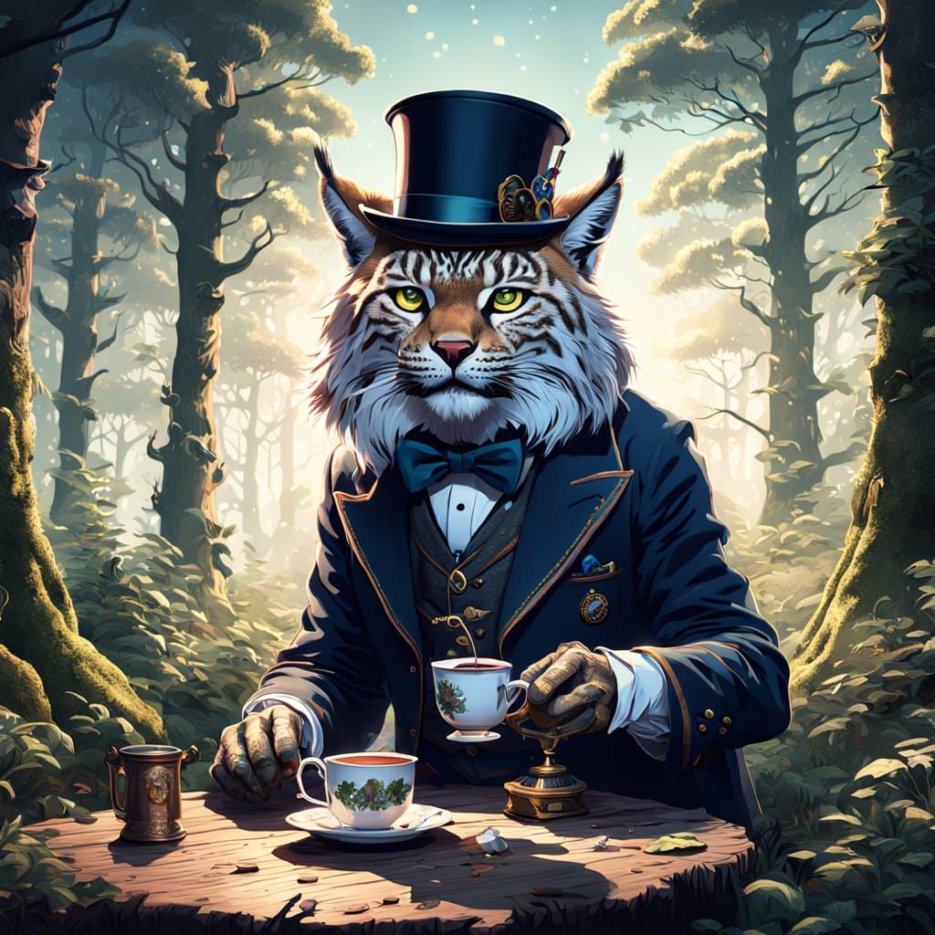 A lynx wearing a top hat and monocle sips tea in a forest clearing. Medium shot. Detailed matte painting, deep color, fa...