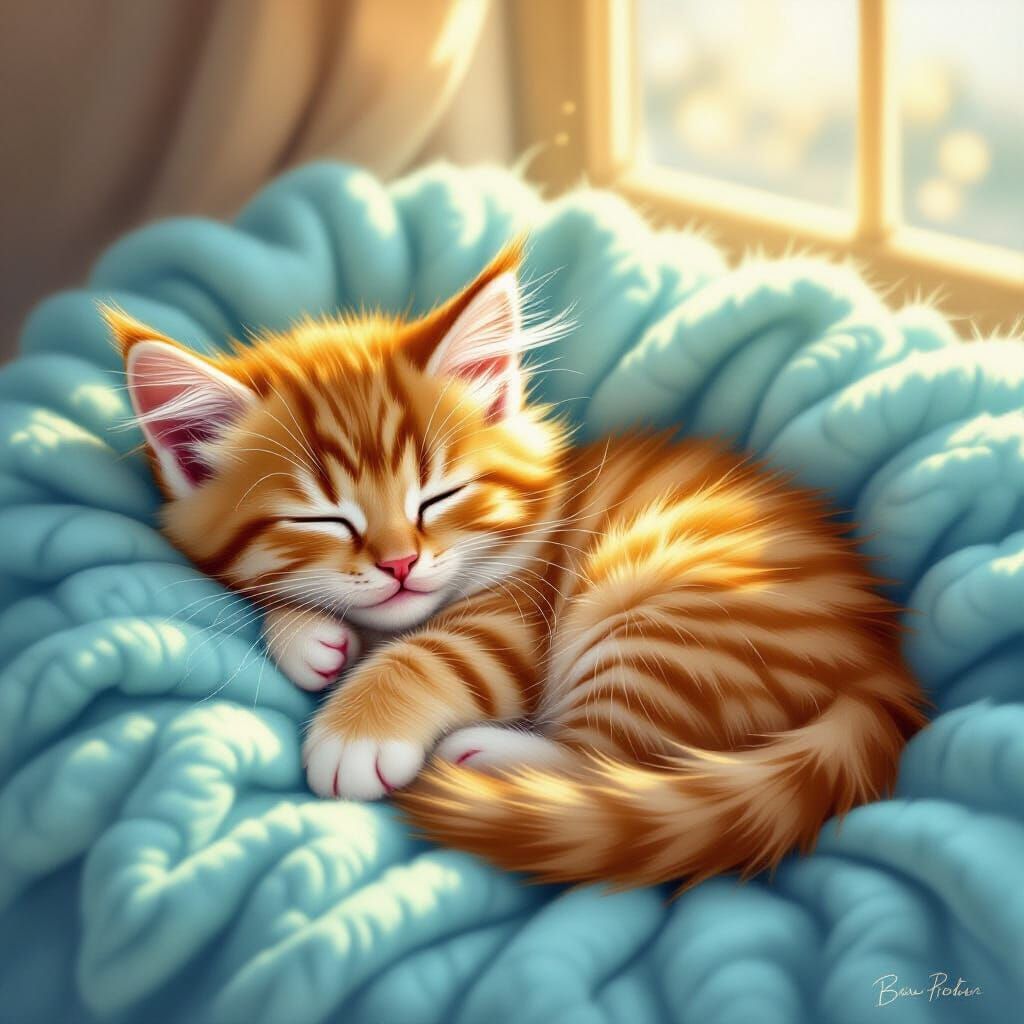 Adorable Fluffy Kitten Sleeping on Blue Blanket