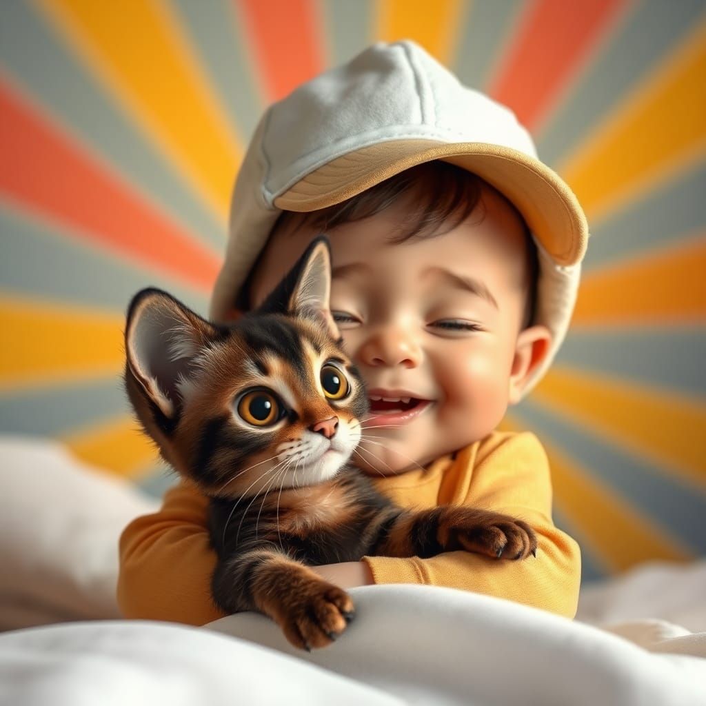 Boy Embraces Persian Cat in Pixar-Style 3D Rendering