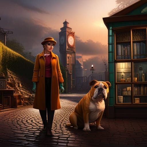 Cozy Mystery: Female Sleuth and Bulldog in Detailed Painting