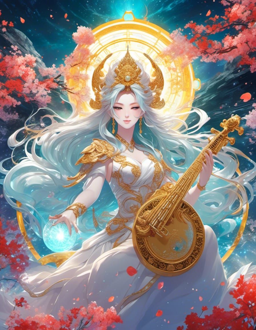 <lora:eye:1.0> Goddess Saraswati with a mythical and glorious background by artist "anime", Anime Key Visual, Japanese M...