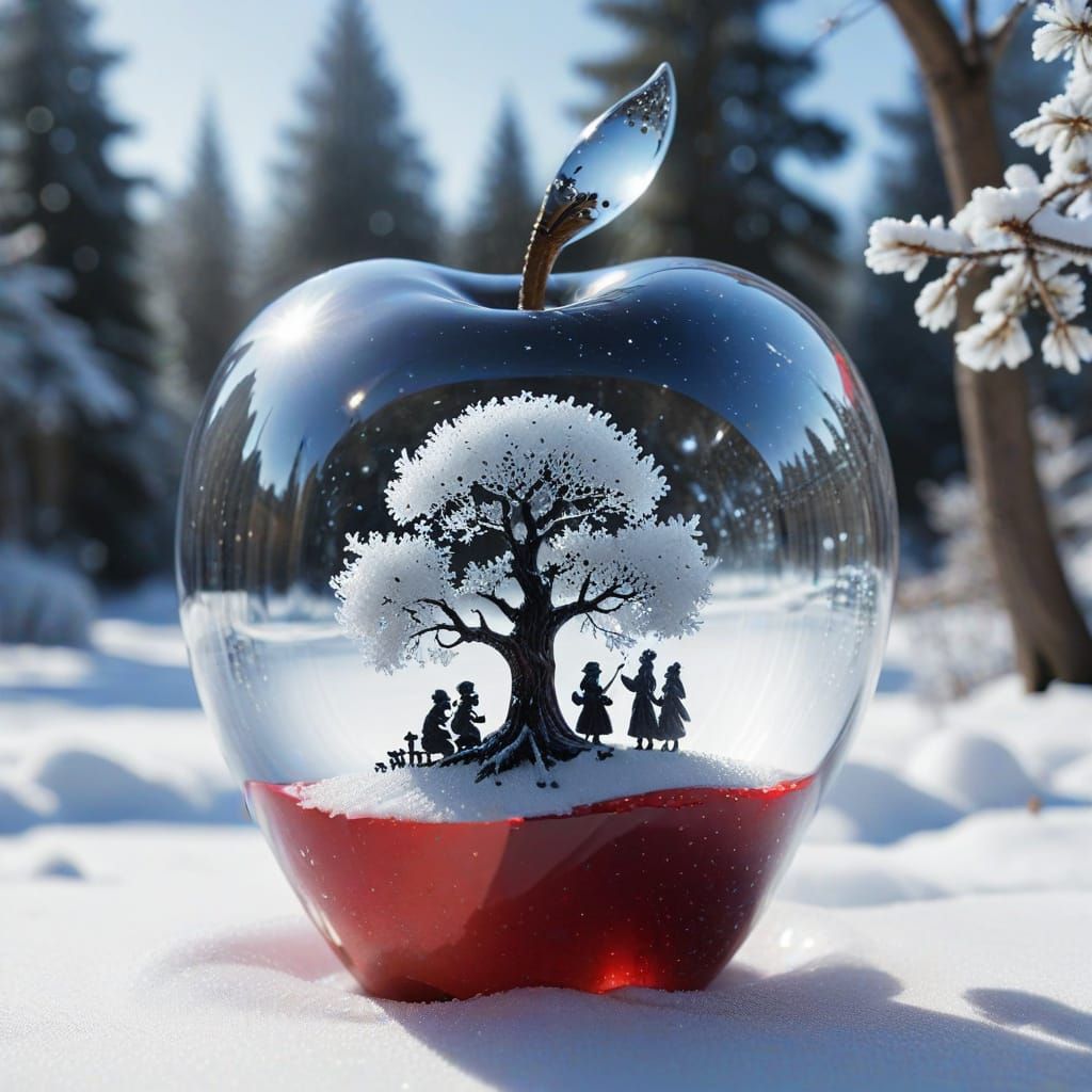 Double exposure from a  crystal apple filled with snow white...