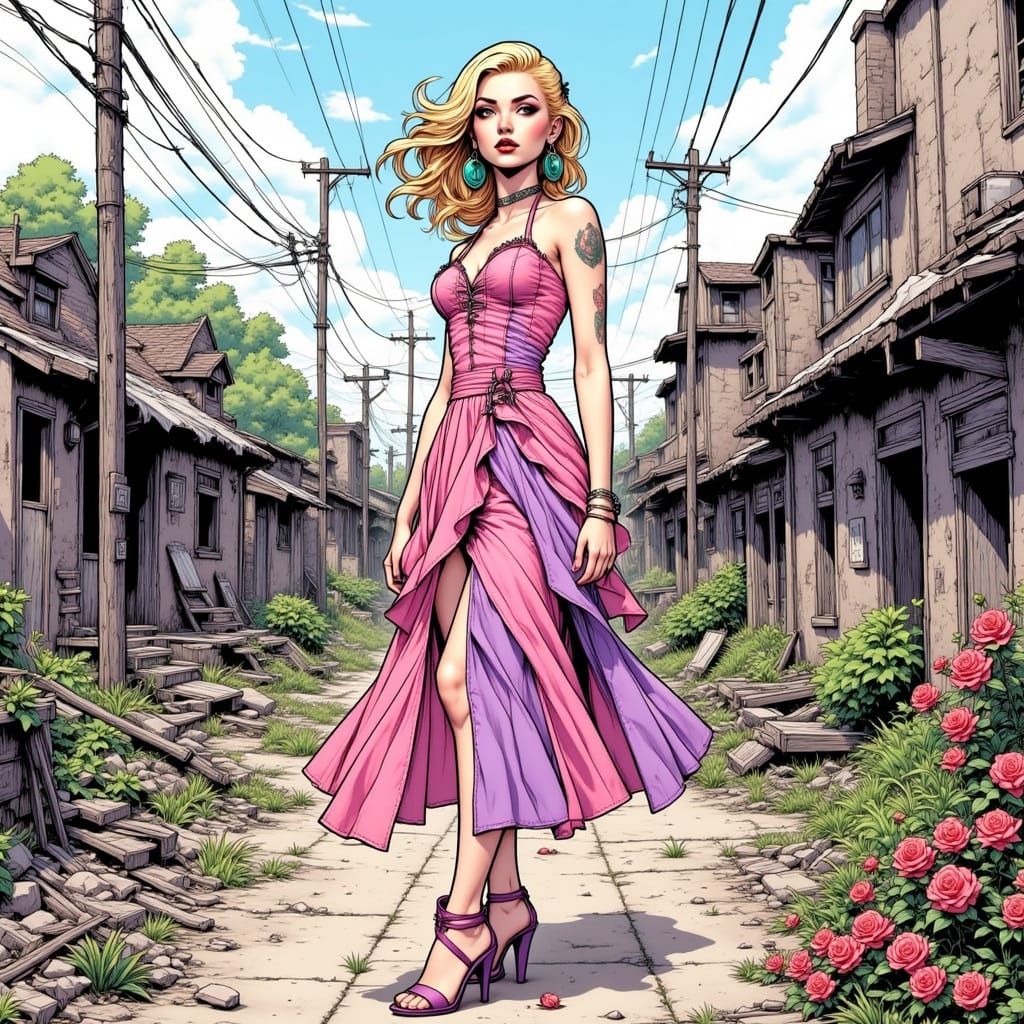 A Woman Surveys a Wasteland Garden in Vibrant Comic Book Sty...