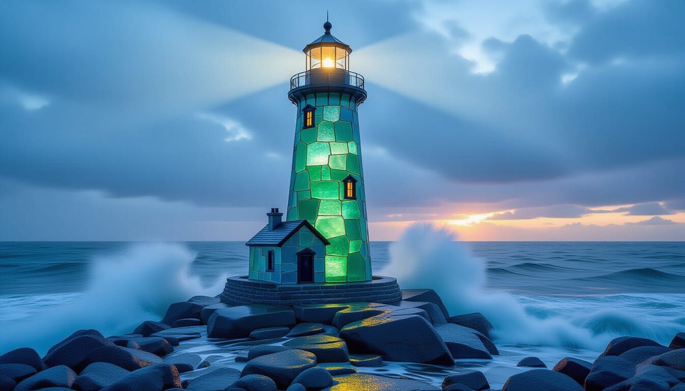 Sea Glass Lighthouse Shines Through Stormy Dusk