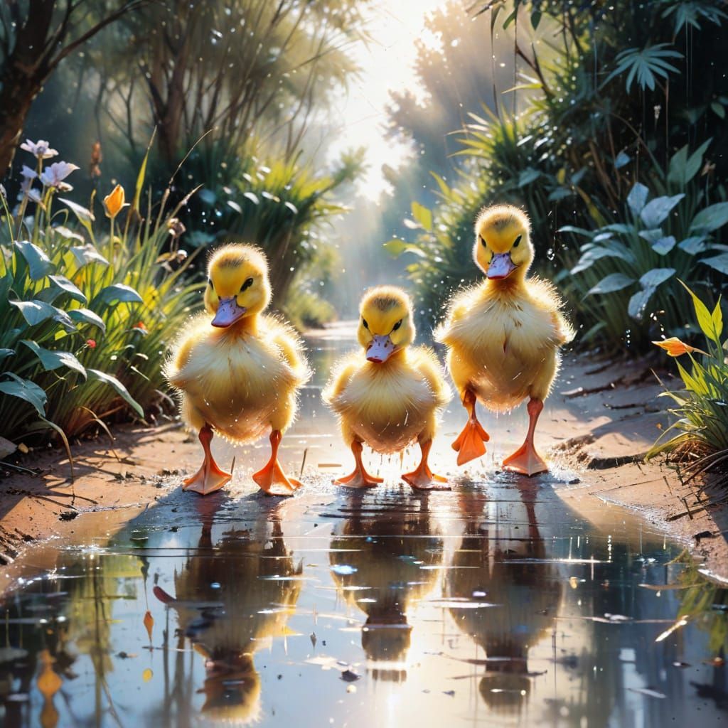 Ducklings Splashing on a Sunlit Path in Watercolour Style