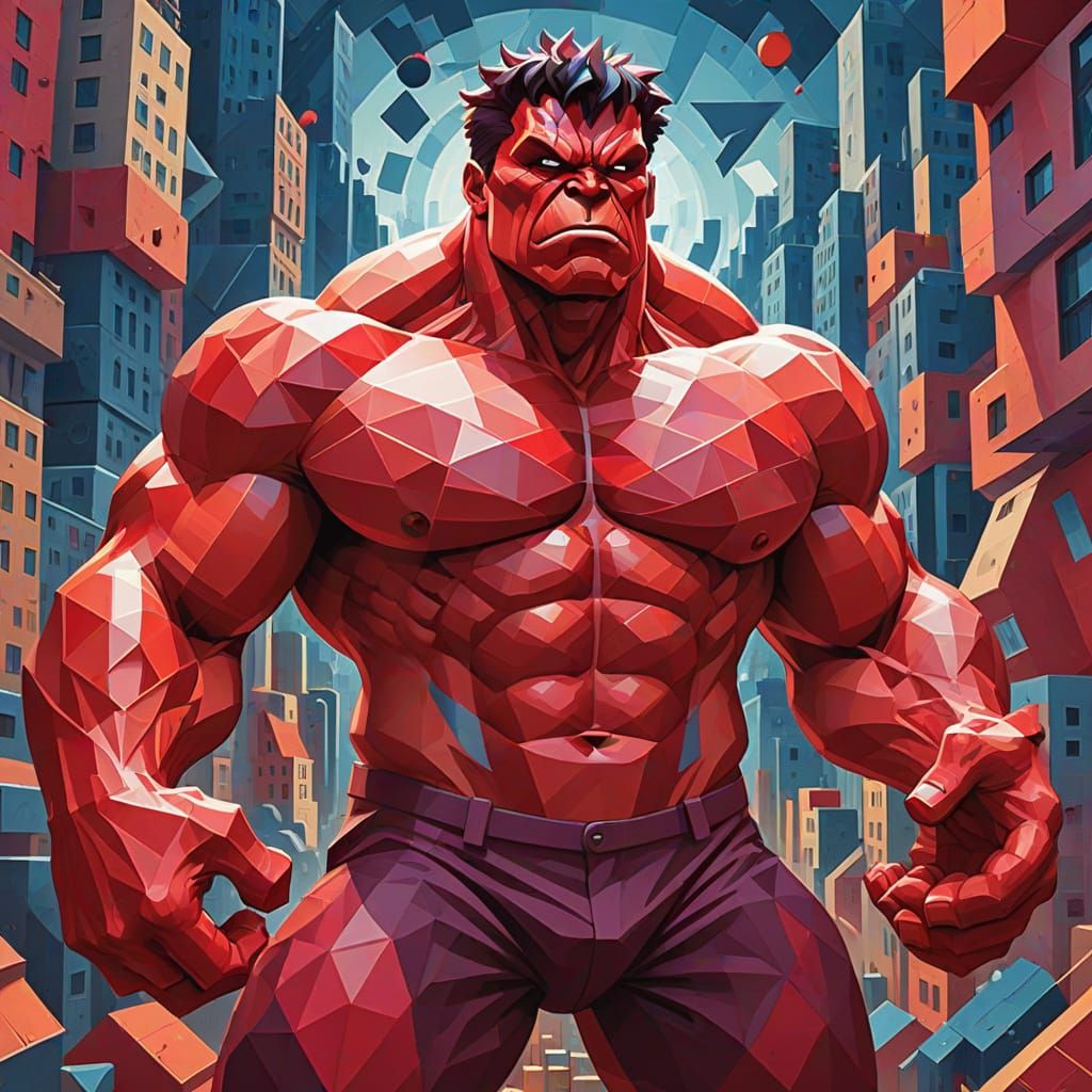 Red Hulk Smashes City in Cubist Abstract Style