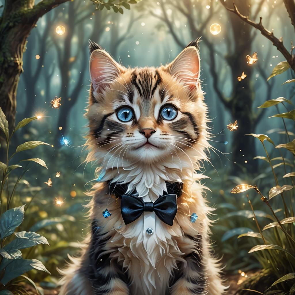 Smiling Kitten in Tuxedo: Whimsical Fantasy Portrait