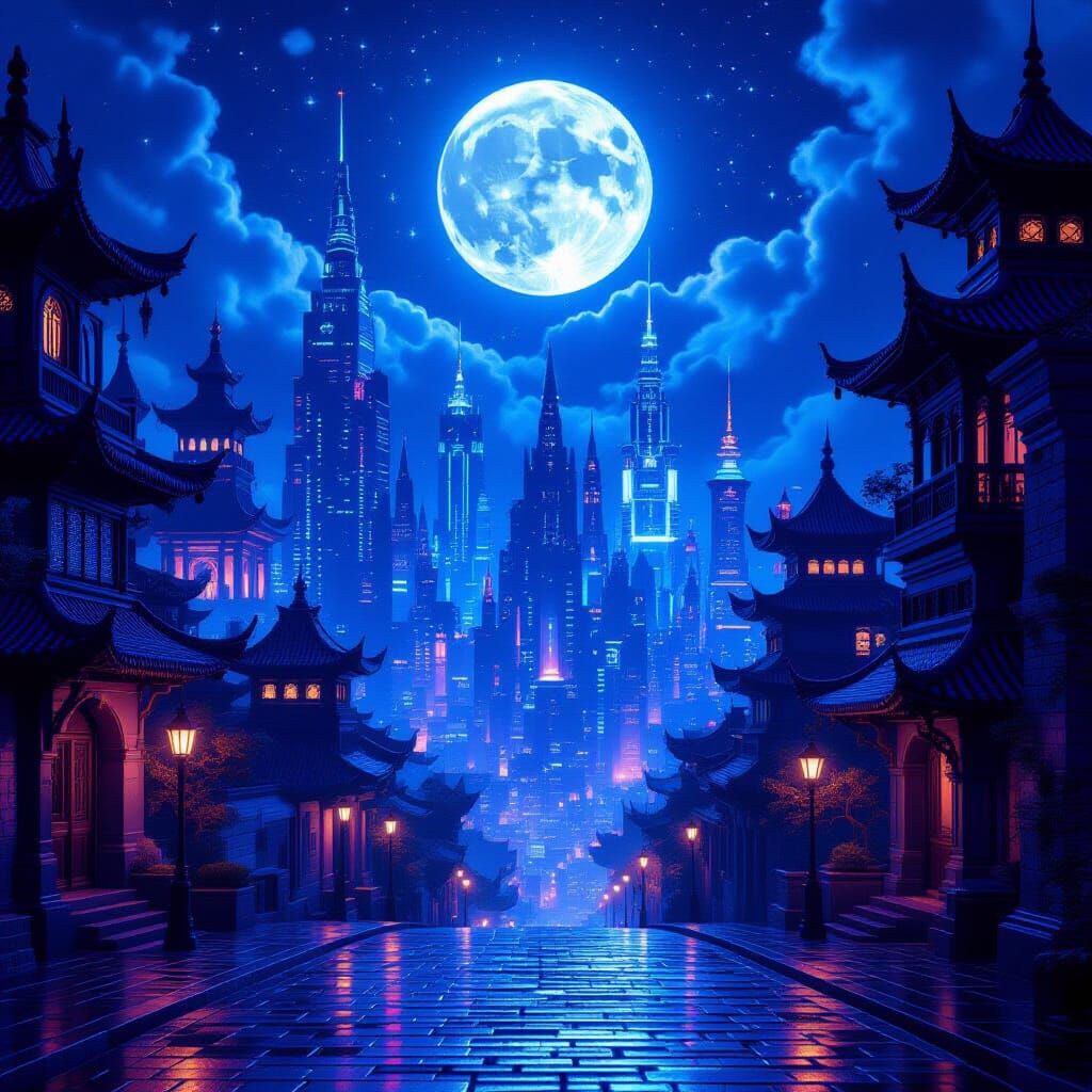 Ethereal Night Cityscape With Futuristic & Ancient Architect...