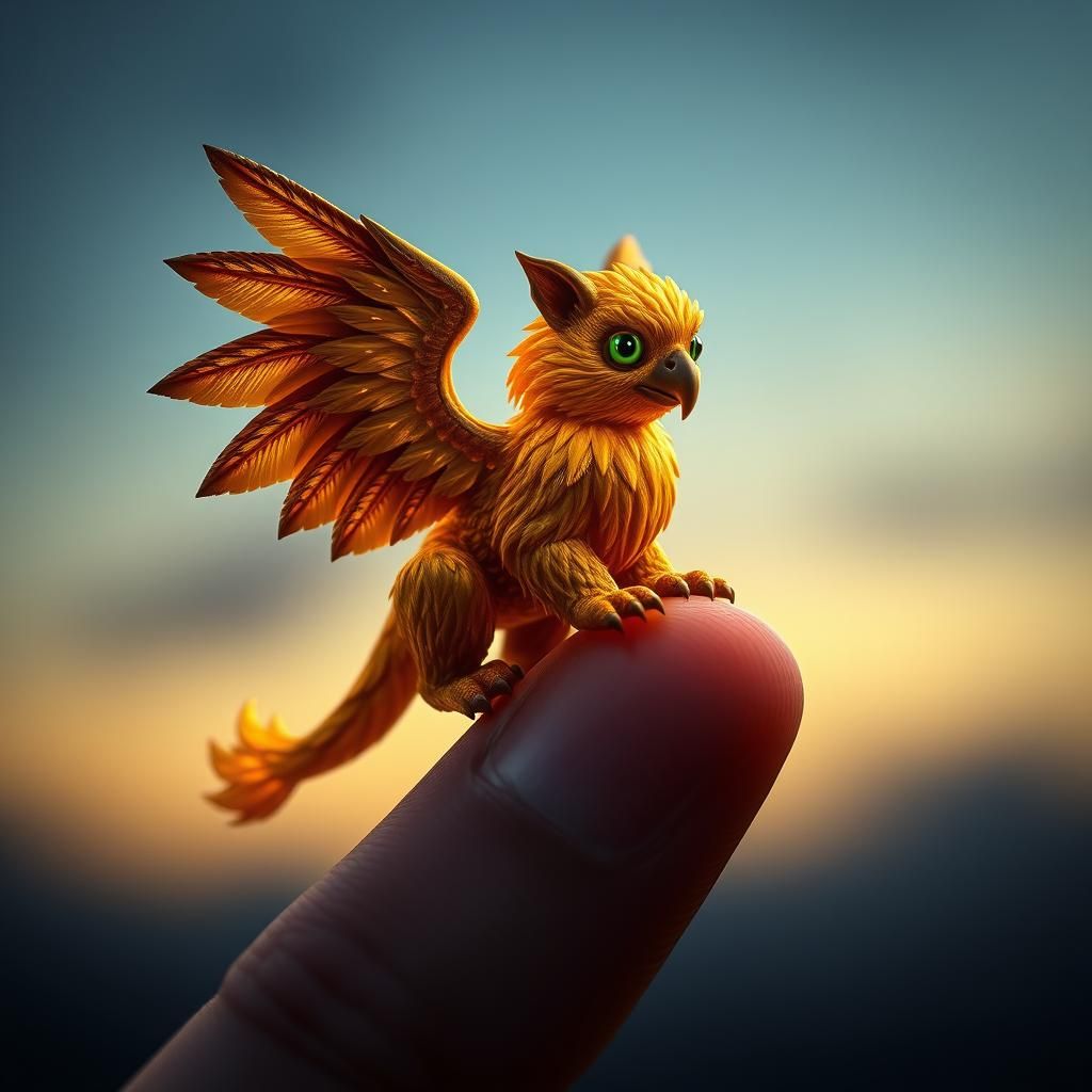 Miniature Griffin on Fingertip: Detailed Digital Art