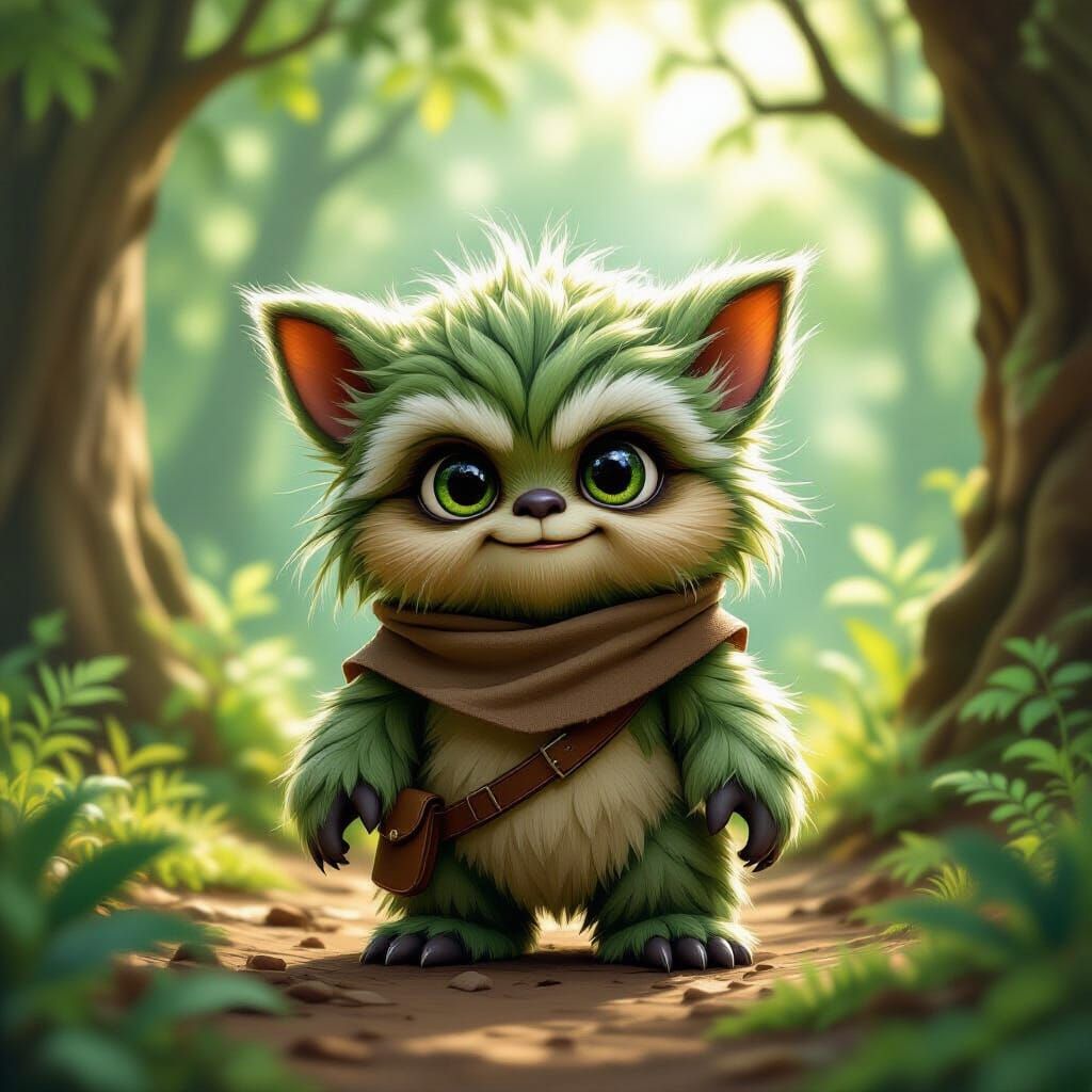 Furry Ewok Creature with Grogu's Eyes in Forest