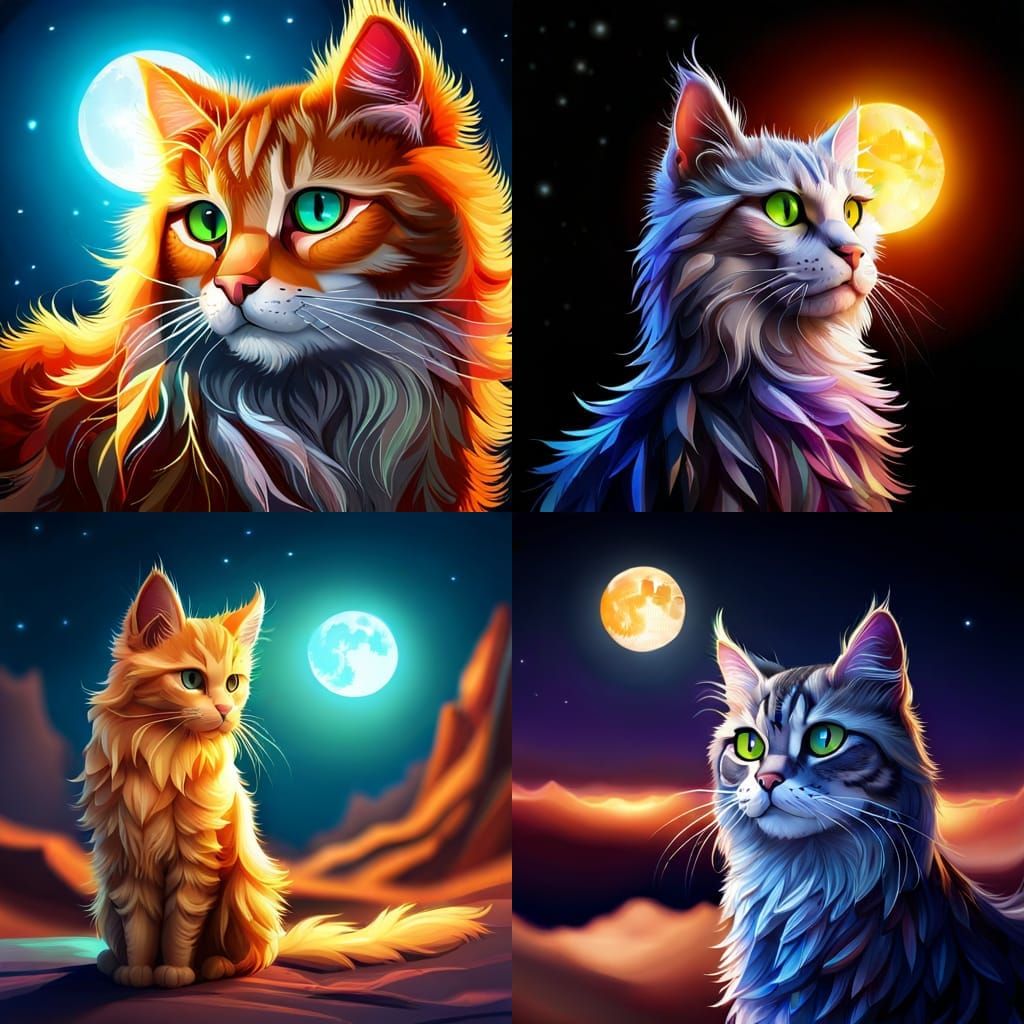 Peacock Feather Cat Under the Moon, Detailed Art