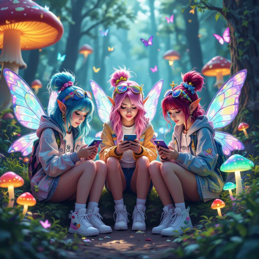 Gen Z Fairies in a Digital Forest, Hyperrealistic Style