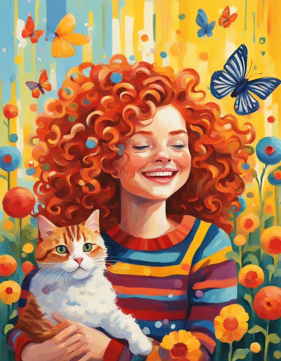 Woman and Cat with Curls in Impasto Style