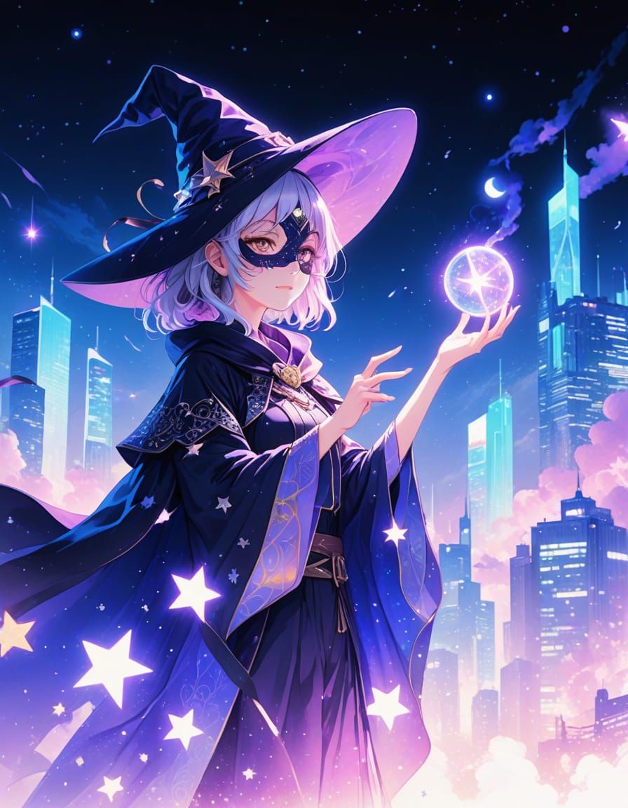 Celestial Witch Spellcasting Over Futuristic City Anime Art