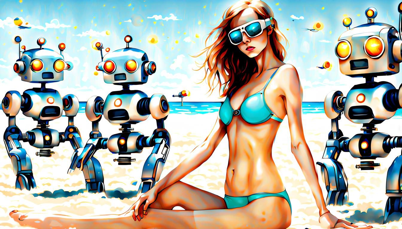 Bikini Robots Sunbathing: A Futuristic Scene