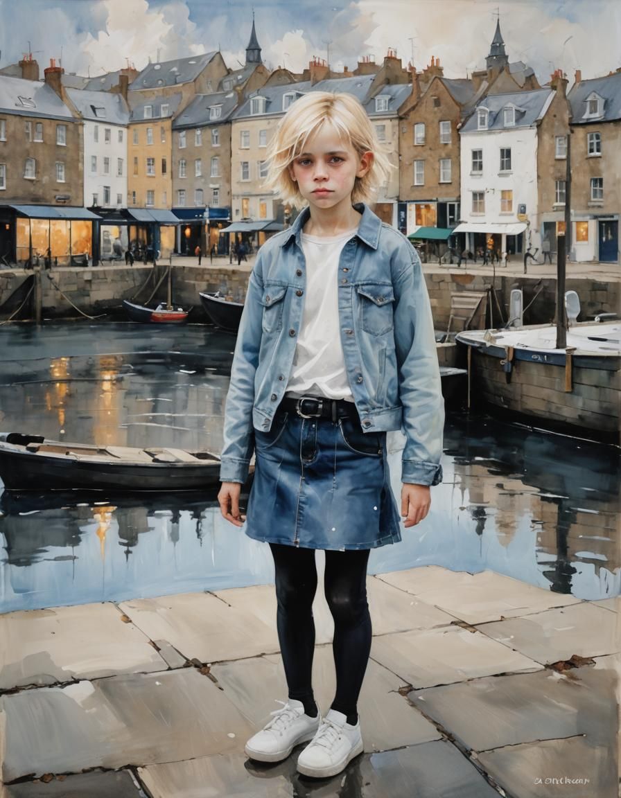 Boy in Denim Skirt, Expressive Oil Painting