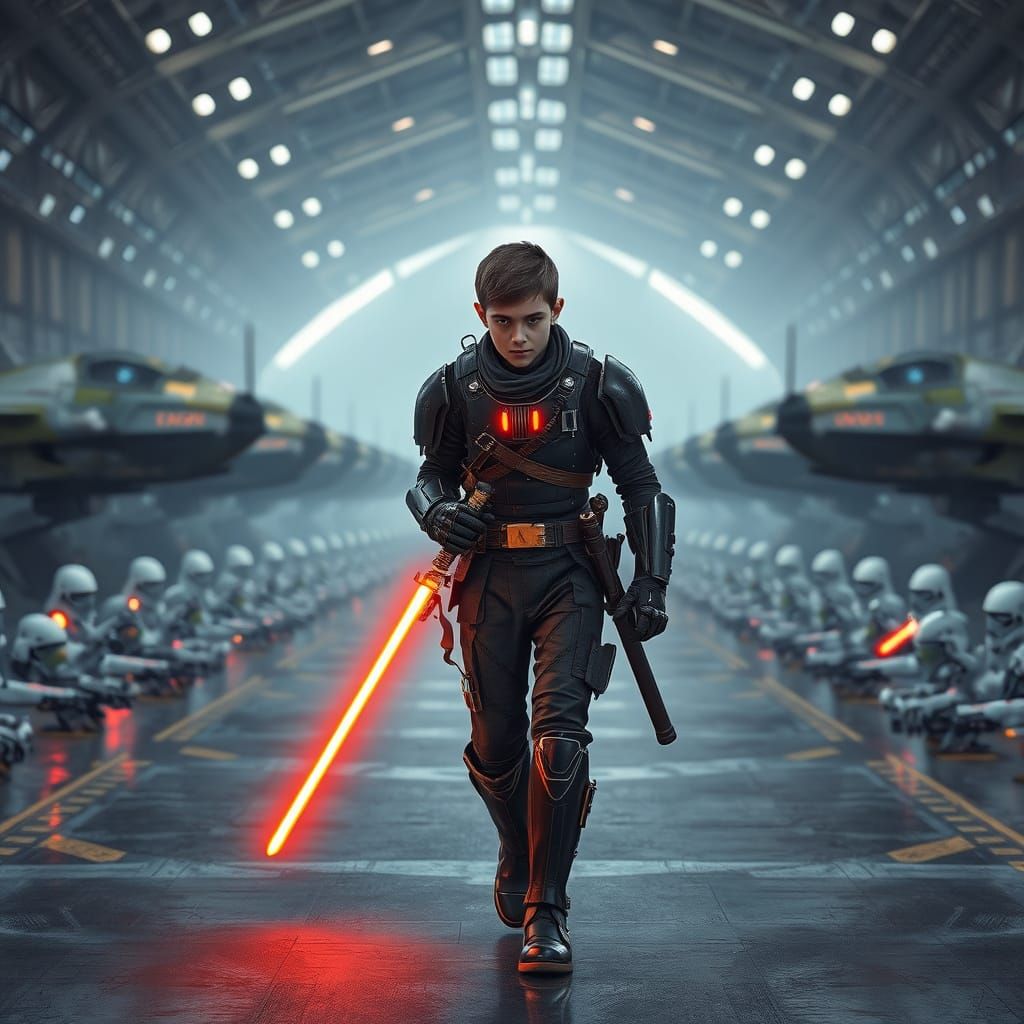 Sci-Fi Warrior in a Damaged Hangar