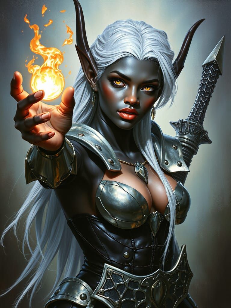 Dark Elf Maiden Casts Enchanted Spell in Cyberpunk Acrylic A...