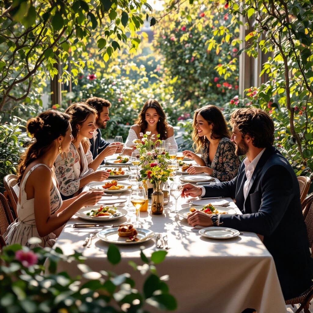 Elegant Garden Party at Sunset in Impressionist Style