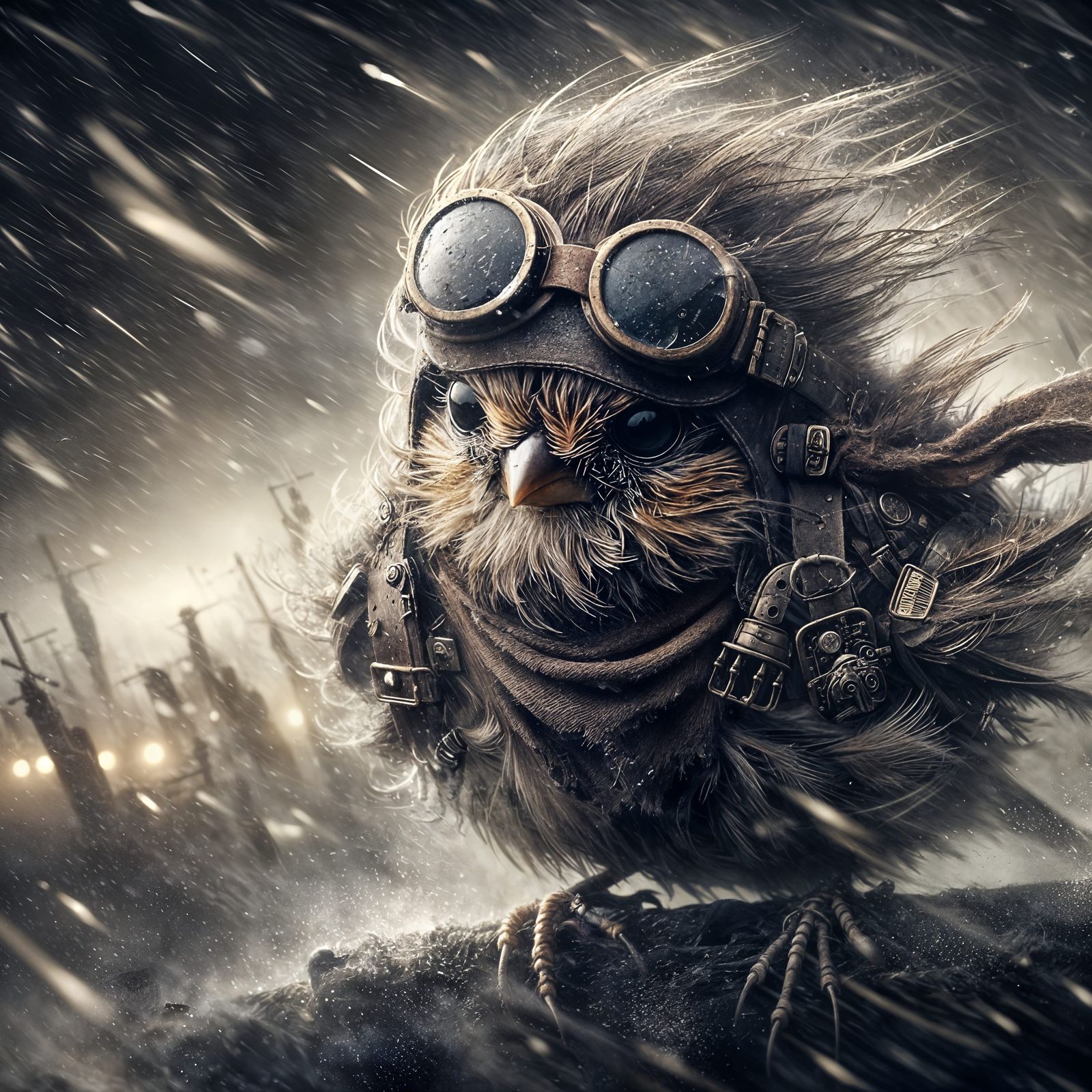Mysterious Steampunk Sparrow in Tempestuous Cityscape