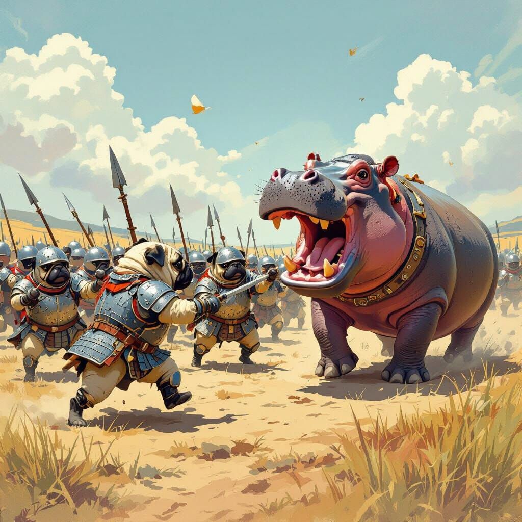 Pug Army Attacks Hippo in Whimsical, Detailed Style