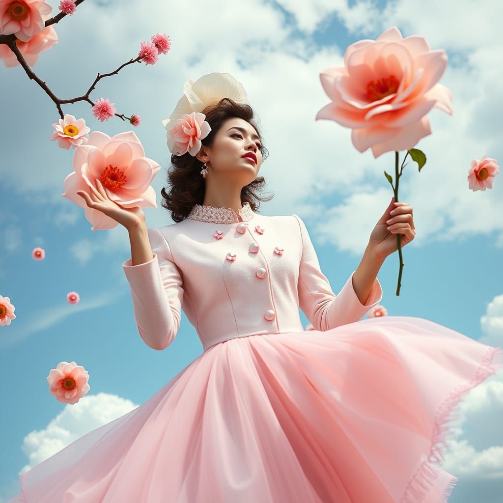 Dreamlike Flight: Woman in Designer Fashion, Pop Surrealism